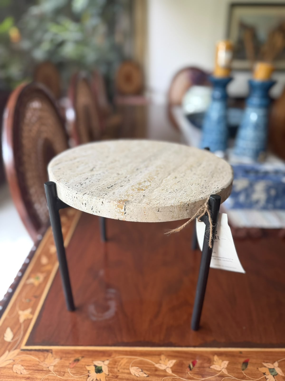 Traventine platter with iron stand
